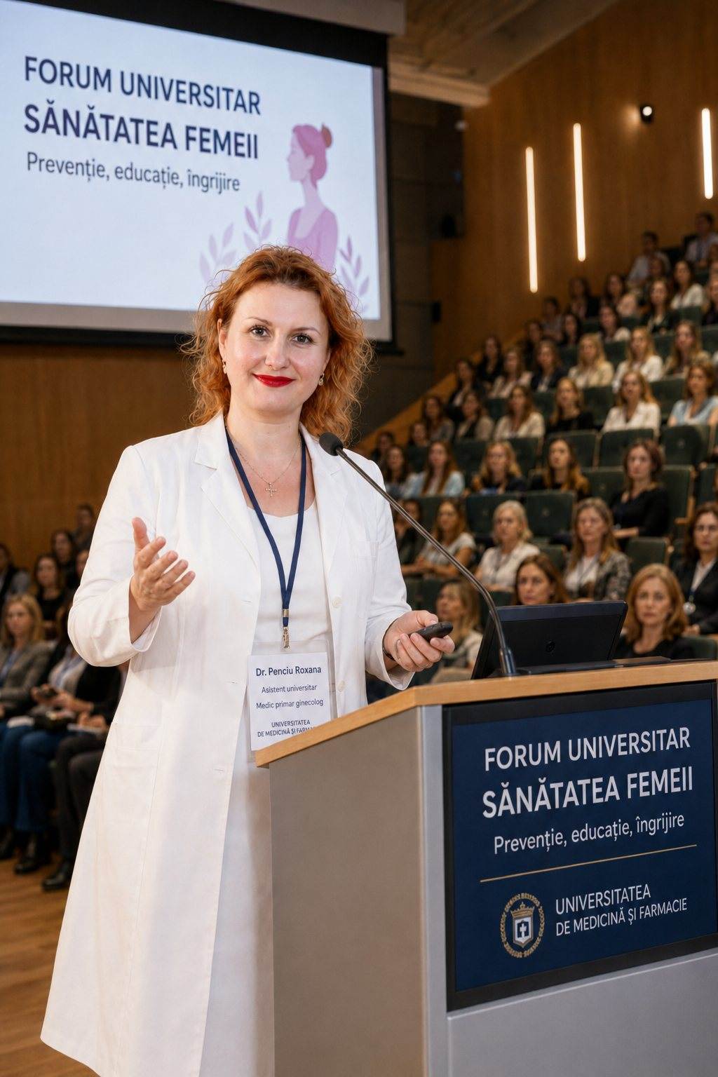 Dr. Penciu Roxana susținând o prezentare la Forumul Universitar „Sănătatea Femeii”